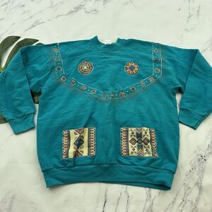 Fruit of The Loom Womens Vintage 90s Sweatshirt Size XL Turquoise Blue Southwest